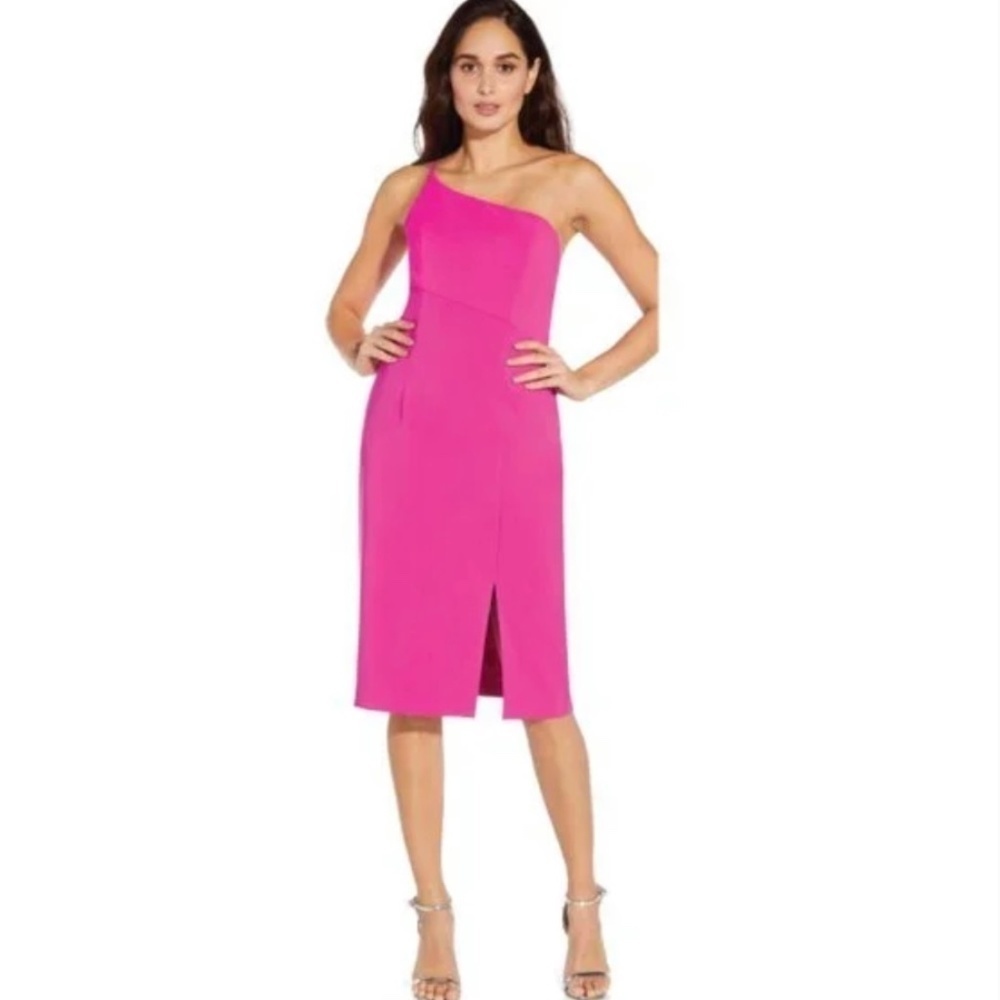 24. NWT Aidan Mattox Pink Multi Block One Shoulder Midi Dress Size 4